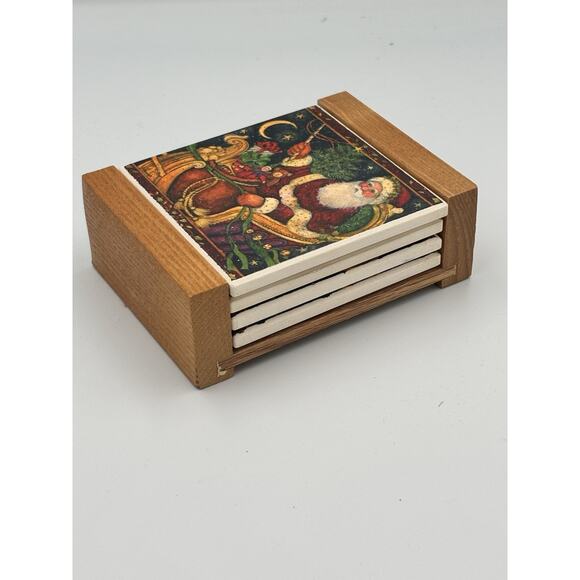 Absorbent Stone Coaster St Nicholas Set of 4 Wood Tray Boxed Santa Christmas NOS - Picture 8 of 10
